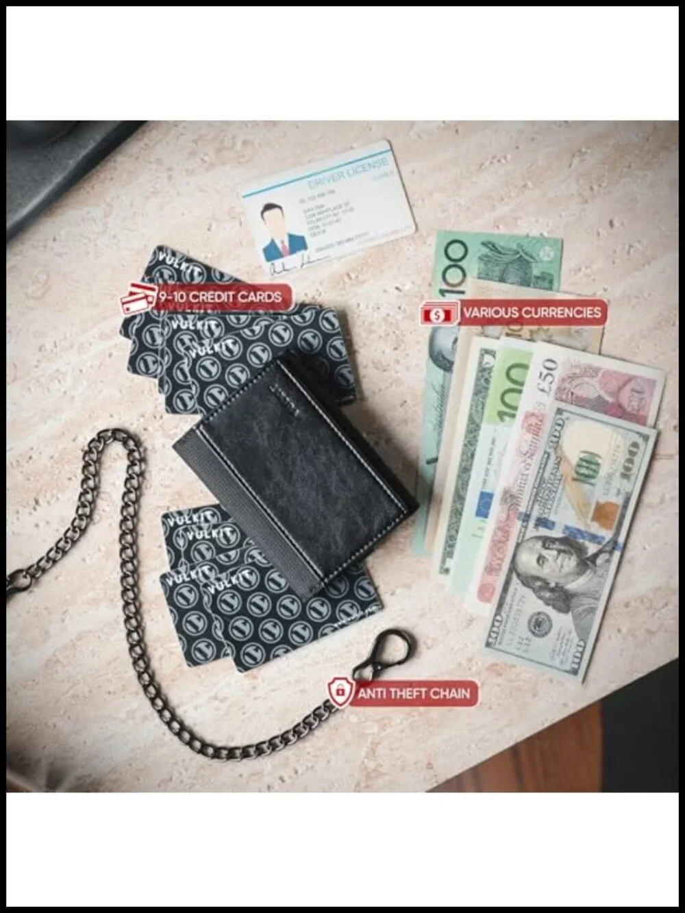Men's Anti-Theft Trifold Wallet with Chain, RFID Blocking, Leather & Tech Fabric